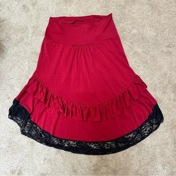 Whimsigoth Asymmetric Hem Red Black Lace Button Witchy Vamp  Midi Skirt XL - Picture 6 of 6